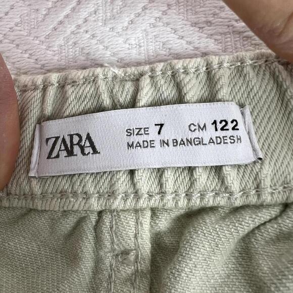 Zara Girls 7 Pale Green Wash Distressed Snap Denim High Rise Shorts 1879/603 - Picture 2 of 11